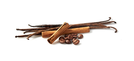 Vanilla, cinnamon and coffee on white background. Spices isolated.