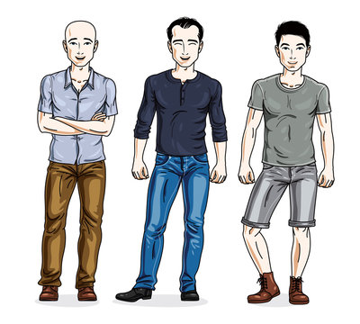 Confident handsome men standing wearing fashionable casual clothes. Vector characters set.