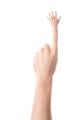 cropped view of tattooed hand gesturing and showing high five sign isolated on white