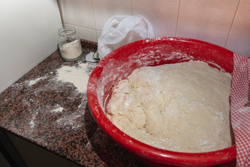 Photograph of how homemade bread is made in a wood-burning oven.