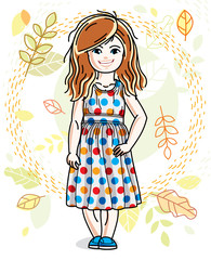 Cute happy little red-haired girl posing on background of autumn landscape and wearing fashionable casual clothes. Vector character.