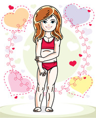 Beautiful little redhead girl wearing casual clothes and standing on colorful backdrop with loving hearts. Vector human illustration.