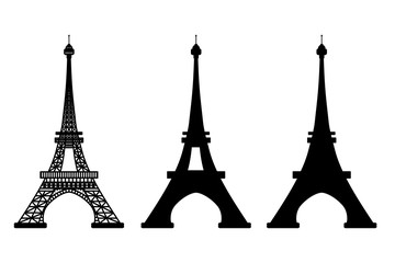 Vector illustration of Eiffel Tower symbol of Paris, France. Set of 3 black silhouettes isolated on white background