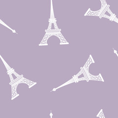 Seamless vector pattern of Eiffel Tower  silhouette on purple background