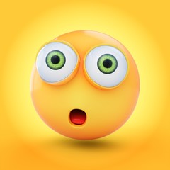 3D Rendering surprised emoji isolated on yellow background