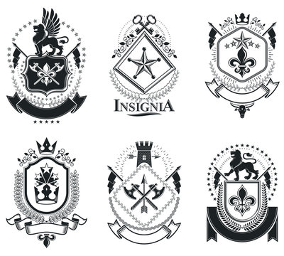 Luxury heraldic vectors emblem templates. Vector blazons. Classy high quality symbolic illustrations collection.