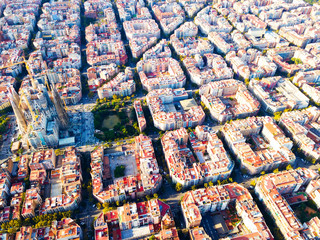 Fototapeta premium View from drone of Eixample district with Sagrada Familia