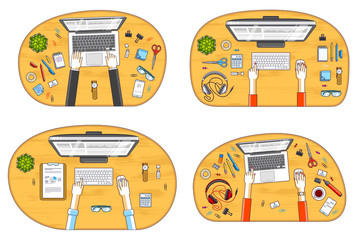 Work desks workspaces top view with hands of office workers or entrepreneurs, PC computers and a lot of different stationery objects on tables. All elements are easy to use separately. Vector set.