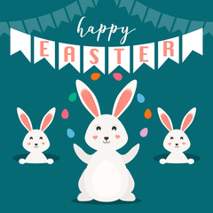 Obraz na płótnie Canvas Happy Easter greeting card. Easter bunnies/rabbits with Easter eggs. Vector Illustration.