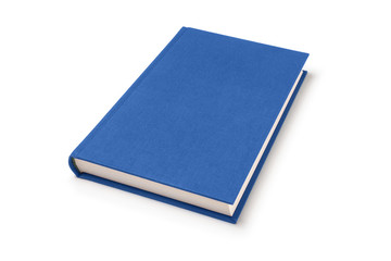 Blue lying book isolated, perspective view. Cover made of natural linen fabric with uneven rough texture.