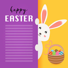   Happy Easter greeting card. Easter bunny with basket with eggs, place for your text. Vector Illustration. .