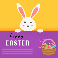   Happy Easter greeting card. Easter bunny with basket with eggs, place for your text. Vector Illustration. .