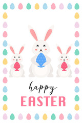 Happy Easter card,  bunny with different Easter eggs. Vector Illustration.