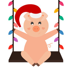 Pig with Santa hat is on the swing, Santa’s helper, vector illustration.