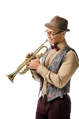 happy young mixed race male jazzman posing with trumpet isolated on white