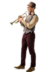 Obraz na płótnie Canvas handsome young mixed race male jazzman posing with trumpet isolated on white