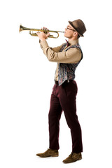 side view of hipster man in hat and eyeglasses playing on trumpet isolated on white