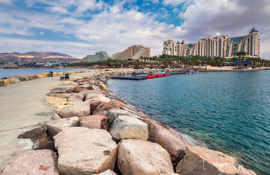 Scenic view on central  public beach of Eilat from central walking pier, Eilat is the southernmost port and famous resort and recreational city in Israel