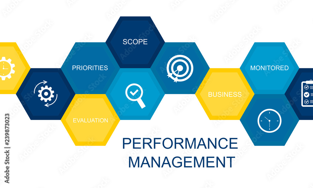 Aufkleber performance management concept. composed of icons in the form of a hexagon.
