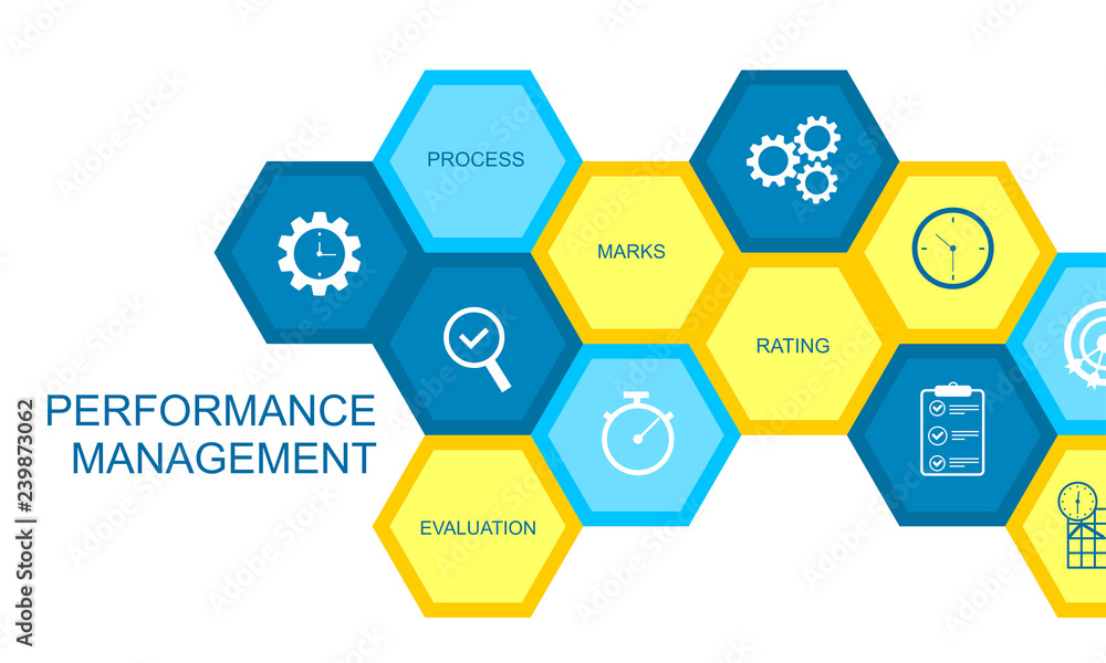 Aufkleber performance management concept. composed of icons in the form of a hexagon.