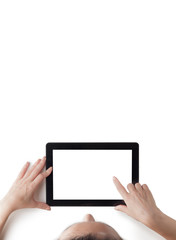 The woman is touching the empty screen