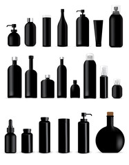 Mock up Realistic Black Bottles Healthy and Cosmetic Packaging  Soap, Shampoo, Cream, Oil Dropper and Spray Set for Skincare Product  Background Illustration