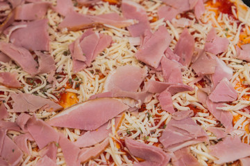 Photograph of a cheese and ham pizza