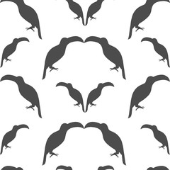 Illustration. Summer romantic seamless pattern with isolated silhouettes of toucans on white background. Endless repeat exotic tropical texture with black birds