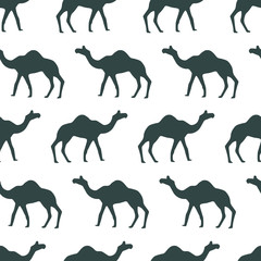 Vector seamless pattern with camel silhouettes on white background. Endless repeat texture with animal