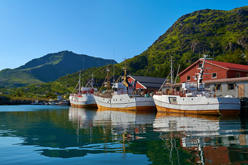 Fototapeta na wymiar Fishing boats on the Lofoten Islands. Norway. Norwegian nature. Scandinavian trip