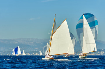 Fototapeta premium Sailing yacht race regatta. Sailboat in the sea under sail. Yachting sport
