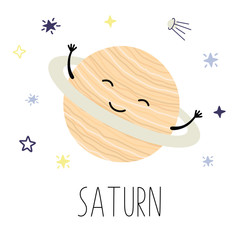 Cute cartoon Saturn, planet, vector character, Solar system. © Nadzin