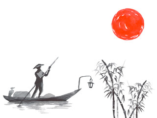 Japan traditional sumi-e painting. Fuji mountain, sakura, sunset. Japan sun. Indian ink illustration. Japanese picture.