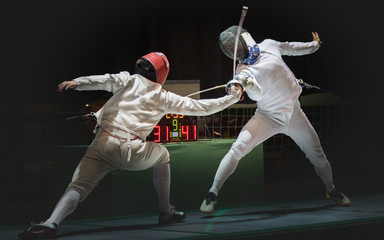 Two man fencing athlete fight on professional sports arena