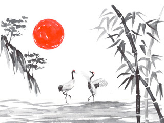 Japan traditional sumi-e painting. Fuji mountain, sakura, sunset. Japan sun. Indian ink illustration. Japanese picture.