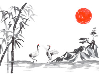 Japan traditional sumi-e painting. Fuji mountain, sakura, sunset. Japan sun. Indian ink illustration. Japanese picture.