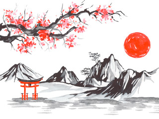 Japan traditional sumi-e painting. Fuji mountain, sakura, sunset. Japan sun. Indian ink illustration. Japanese picture.