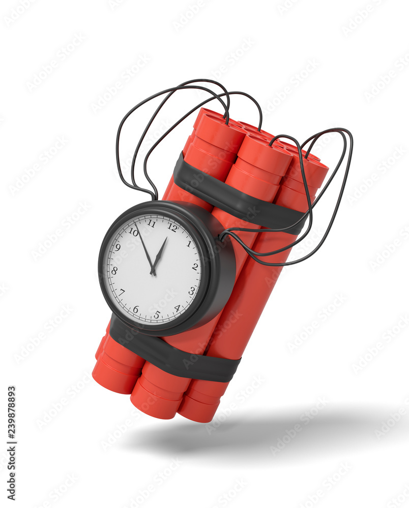 Poster 3d rendering of a bundle of dynamite sticks with a clock attached to the side of it on a white backg