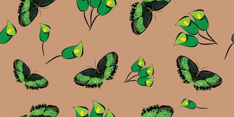 Seamless pattern with hand drawn butterflies and lilies on a brown colour background