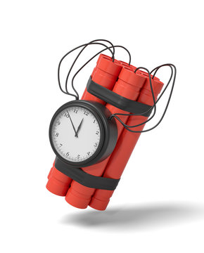 3d rendering of a bundle of dynamite sticks with a clock attached to the side of it on a white background.