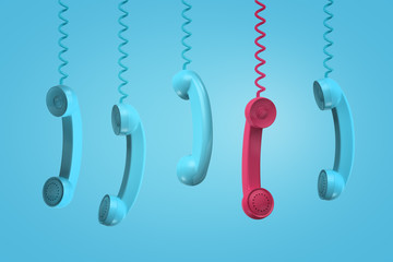 3d rendering of five old-fashioned phone receivers hanging down on their wires, one red, the others turquois, on turquois background.