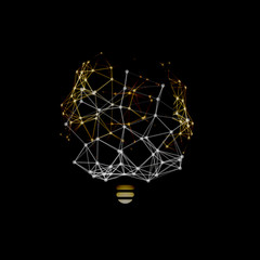 Creative idea emblem. Imagination design. Abstract polygonal structure lightbulb. Neural networks vector logo on black background.