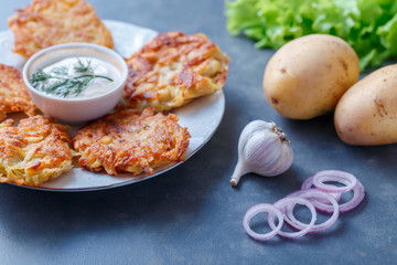 Draniki - potato fritters. potato pancakes lie on a plate. The national dish of Belarus, Ukraine, Russia.