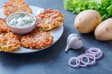 Draniki - potato fritters. potato pancakes lie on a plate. The national dish of Belarus, Ukraine, Russia.
