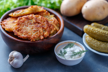 Draniki - potato fritters. potato pancakes lie on a plate. The national dish of Belarus, Ukraine, Russia.