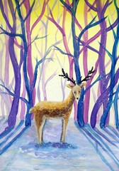 Oil paintings landscape, deer,  forest, winter. Fine art.