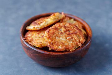 Draniki - potato fritters. potato pancakes lie on a plate. The national dish of Belarus, Ukraine, Russia.