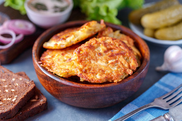 Draniki - potato fritters. potato pancakes lie on a plate. The national dish of Belarus, Ukraine, Russia.