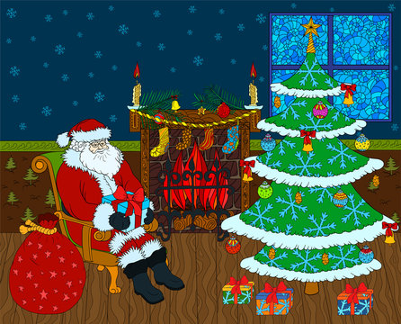 New Year greeting card with Santa Claus and Christmas tree.