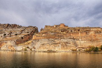 Landscape of Halfeti in the foreground Euphrates River and Sunken Mosque. Sanliurfa, Gaziantep in Turkey